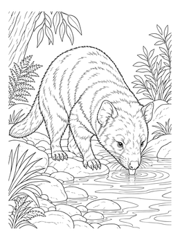 A detailed tasmanian devil coloring page depicting the animal drinking from a calm river among rocks.