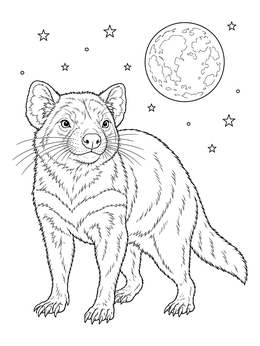 A detailed tasmanian devil coloring page featuring a full moon and starry night sky.