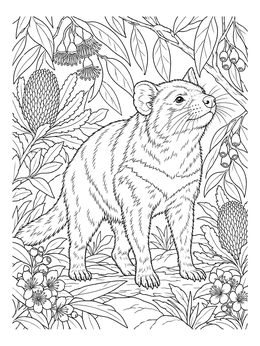 Detailed tasmanian devil coloring page surrounded by eucalyptus leaves and banksia flowers.