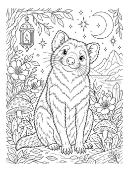 A fluffy tasmanian devil coloring page set in a mystical nocturnal forest with flowers and a crescent moon.