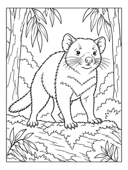 A wild tasmanian devil coloring page featuring the creature standing on a log in a dense forest.