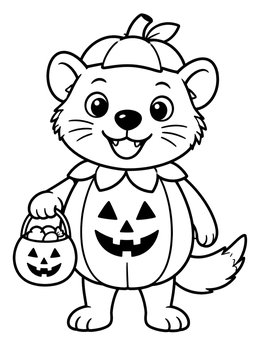 A cute tasmanian devil coloring page featuring the little animal in a Halloween pumpkin costume holding candy.
