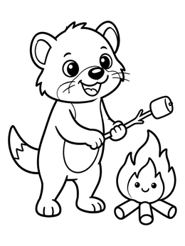 A cute cartoon tasmanian devil coloring page with a marshmallow by a campfire.
