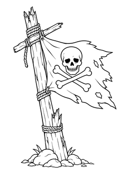 A tattered skull and crossbones flag on a wooden post in this pirate coloring page.
