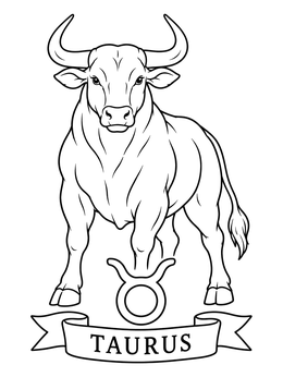 A strong horned bull stands proudly above a banner on this taurus coloring page.