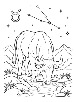 A Taurus coloring page showing a calm bull drinking water beneath stars and constellations.