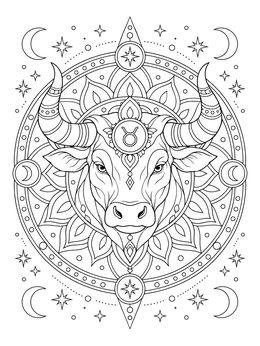 Celestial taurus coloring page featuring an ornate bull face in a circular mandala with stars and moons.