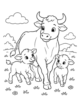 Free printable Mother Cow With Two Sweet Calves coloring page
