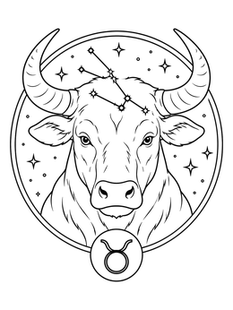 A detailed taurus coloring page featuring a bull head, stars, constellation lines, and zodiac symbol.