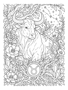 Detailed taurus coloring page featuring a majestic bull, flowers, crystals, and celestial stars.