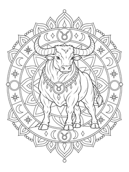 A detailed taurus coloring page featuring a strong bull framed by an ornate circular zodiac mandala.