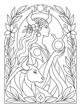 A celestial taurus coloring page showing a horned earth maiden holding the zodiac symbol beside a bull.