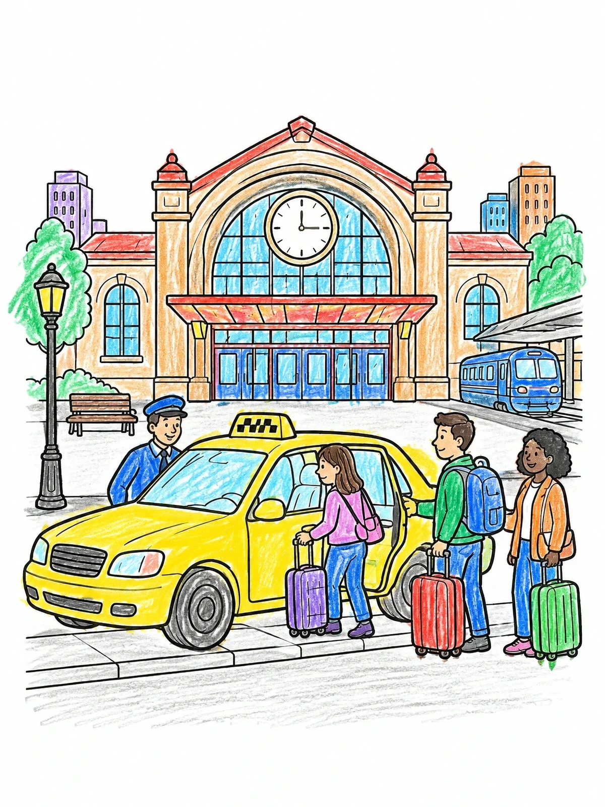Colored example of the Taxi Picking Up Passengers At Train Station coloring page