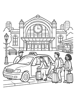 Free printable Taxi Picking Up Passengers At Train Station coloring page