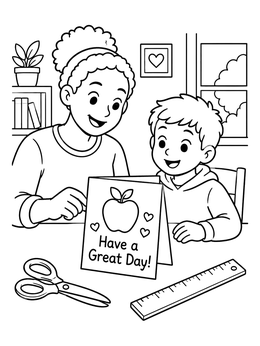 A smiling boy and his teacher admiring a handmade card on this teacher coloring page.