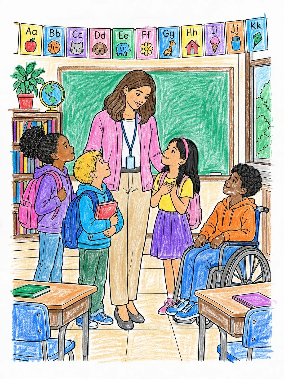 Colored example of the Teacher And Students In Classroom coloring page