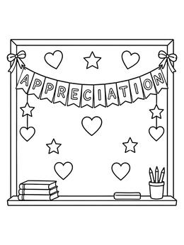 A classroom chalkboard with an appreciation garland in this teacher coloring page.