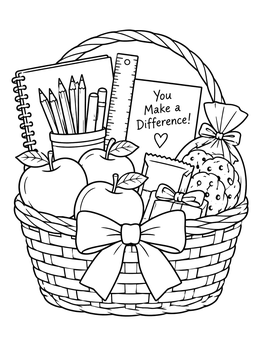 A teacher coloring page of a gift basket filled with school supplies, apples, and treats.