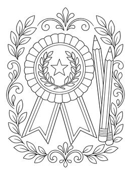 An award rosette with a star and laurels framed by pencils in this teacher coloring page.