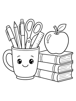 A smiling mug with pens, stacked books, and an apple in this teacher coloring page.