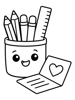 A smiling pencil holder beside a thank you note features on this teacher coloring page.