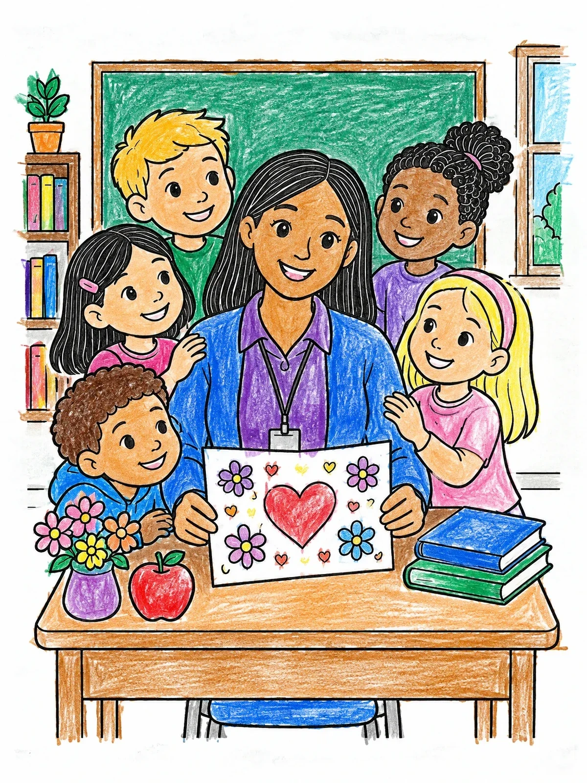 Colored example of the Teacher Farewell Card With Students coloring page