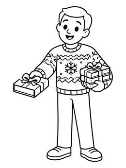 A cheerful teacher coloring page showing a man in a holiday sweater holding wrapped book gifts.