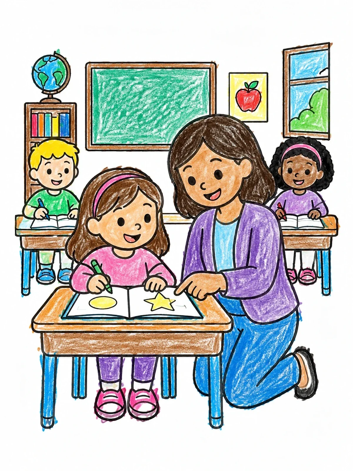Colored example of the Teacher Helping Student In Class coloring page