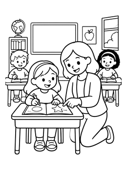 Free printable Teacher Helping Student In Class coloring page