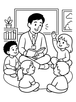 Students sit in a circle as shown in this friendly teacher coloring page.