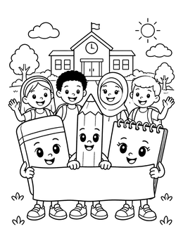 Smiling students and cute stationery characters in this teacher coloring page outside school.