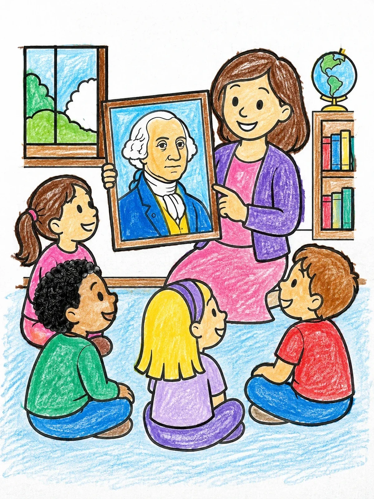 Colored example of the Teacher Showing George Washington Portrait coloring page