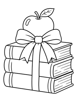 An apple sitting on tied textbooks in this teacher coloring page.
