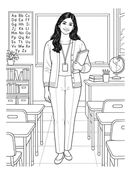 A smiling educator stands by desks in this realistic teacher coloring page.