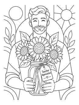 A smiling man holds a jar of flowers on this teacher coloring page.