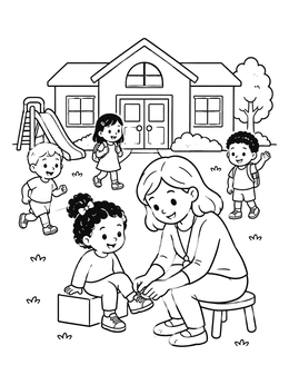 A teacher ties a student's shoe outside on this cheerful preschool coloring page.