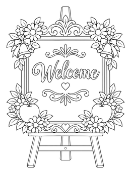 A decorative welcome sign on an easel in this teacher coloring page.