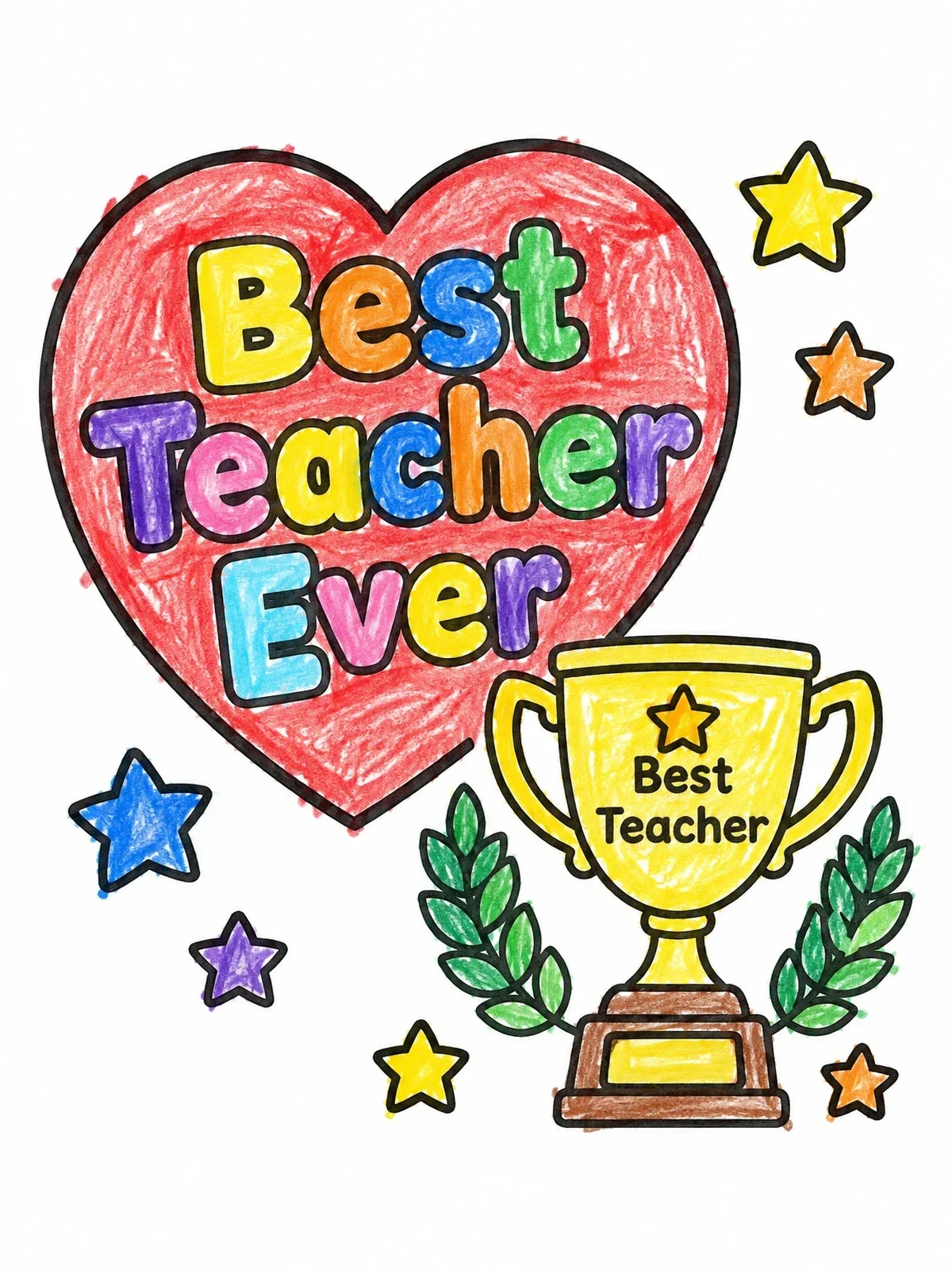 Colored example of the Best Teacher Trophy And Heart coloring page