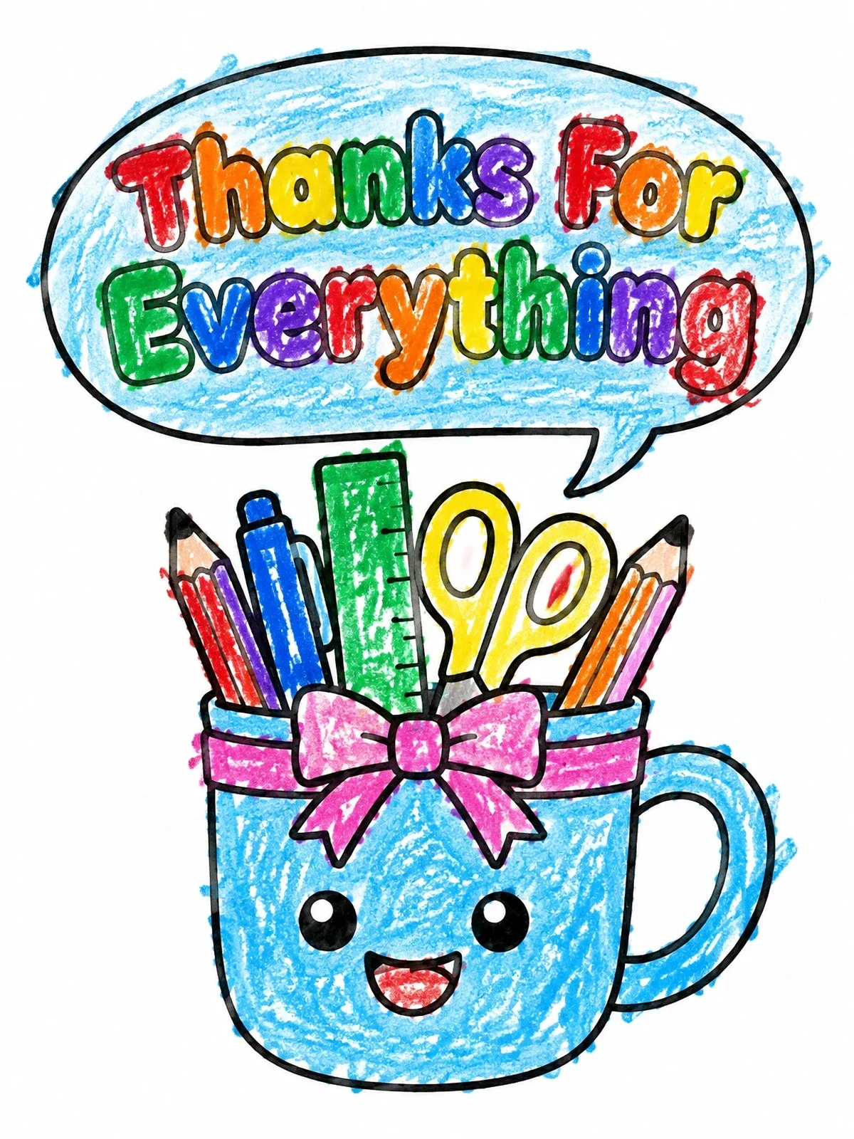 Colored example of the Cute Pen Mug Thanks For Everything coloring page