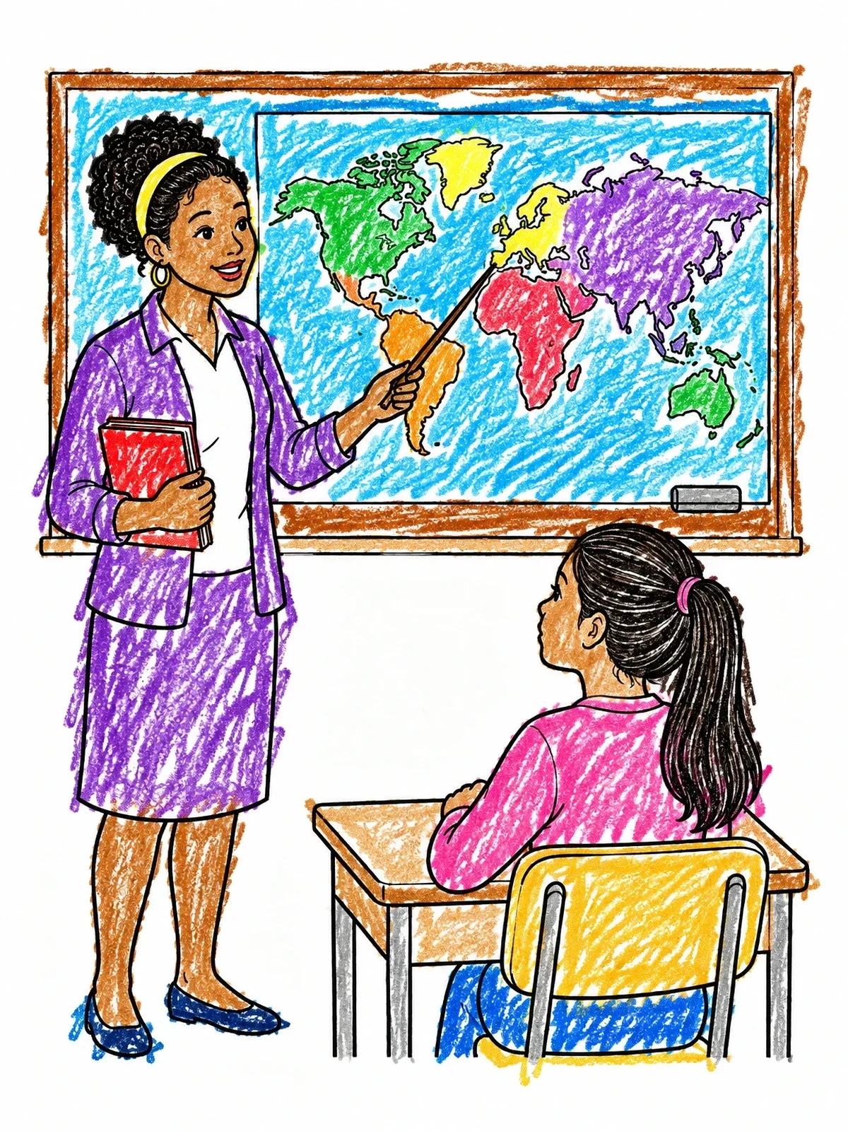 Colored example of the Geography Teacher With World Map coloring page