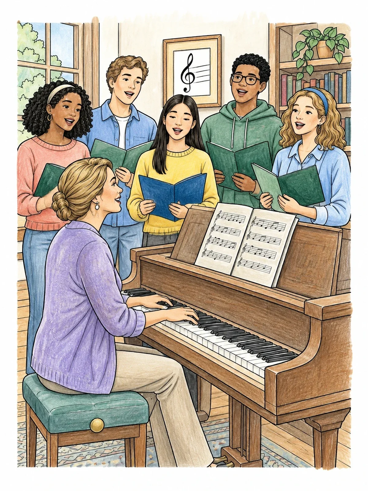 Colored example of the Music Teacher Playing Piano With Choir coloring page
