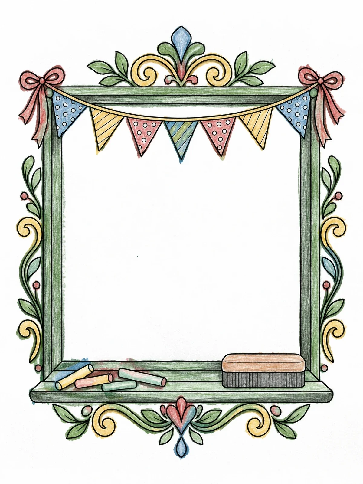 Colored example of the Ornate Chalkboard Frame With Bunting coloring page