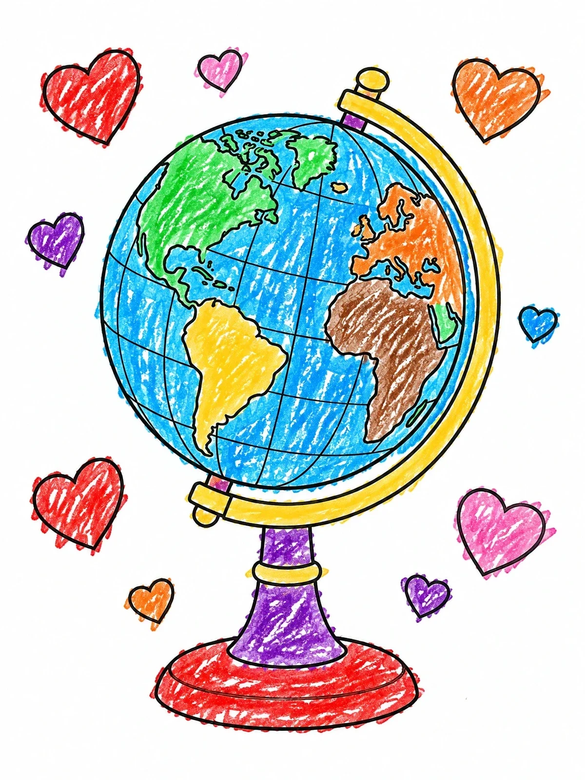 Colored example of the School Globe Surrounded By Hearts coloring page