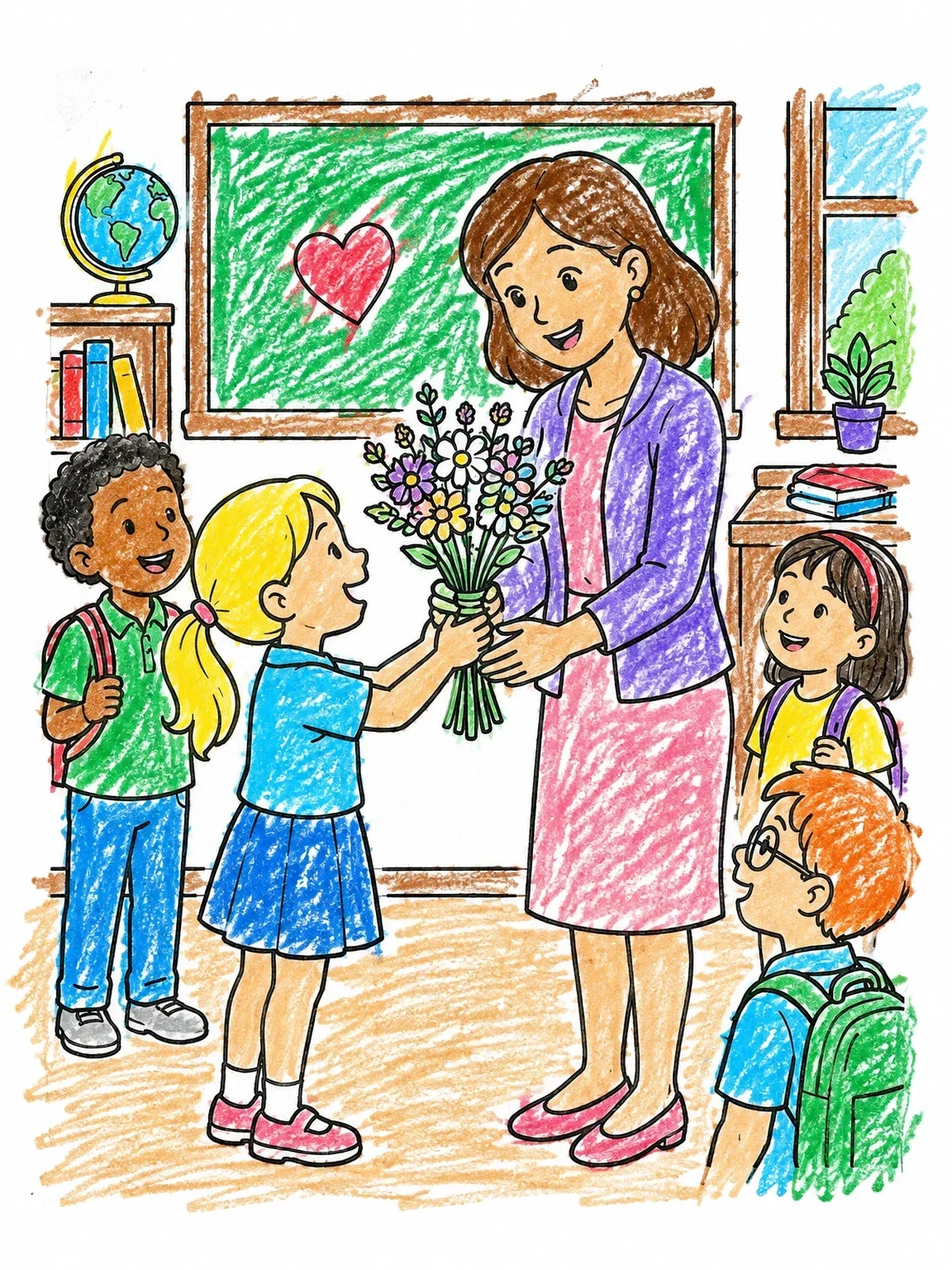 Colored example of the Students Giving Flowers To Teacher coloring page