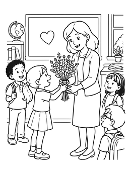 Free printable Students Giving Flowers To Teacher coloring page
