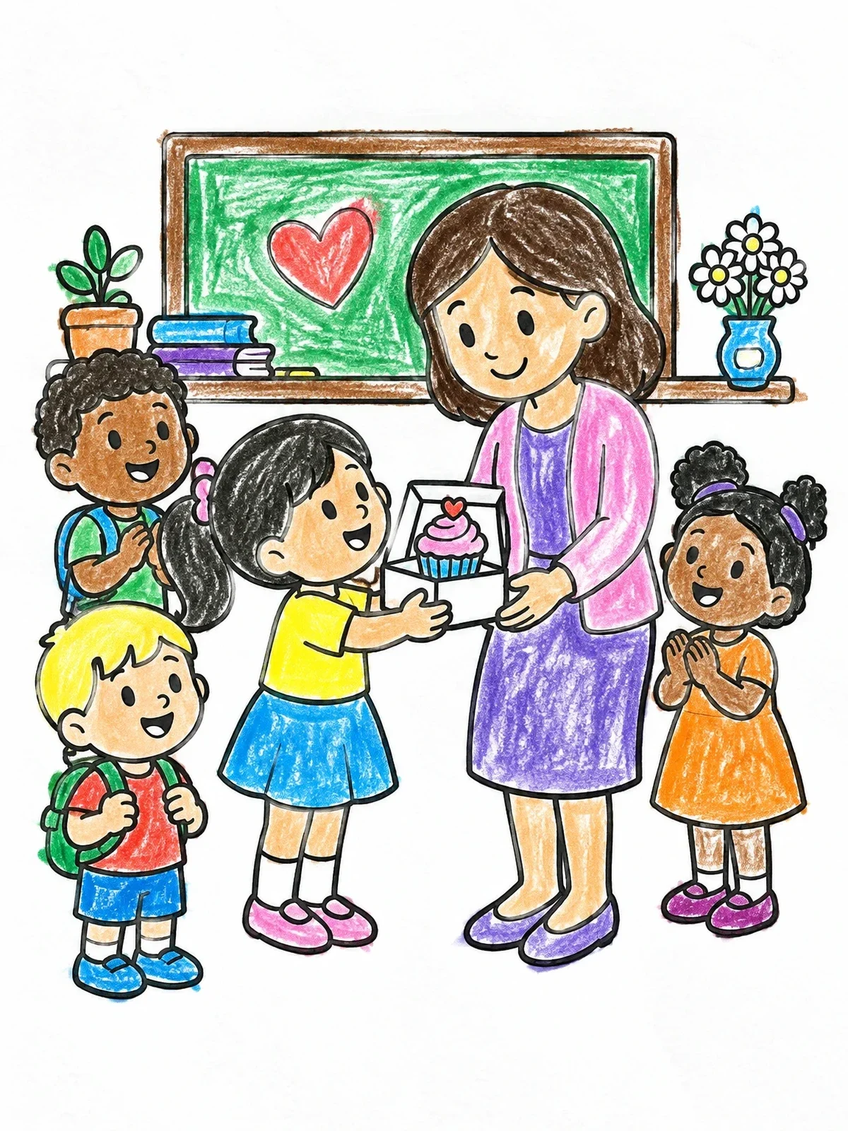 Colored example of the Students Giving Teacher A Cupcake Gift coloring page