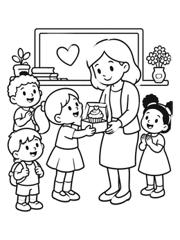 Free printable Students Giving Teacher A Cupcake Gift coloring page