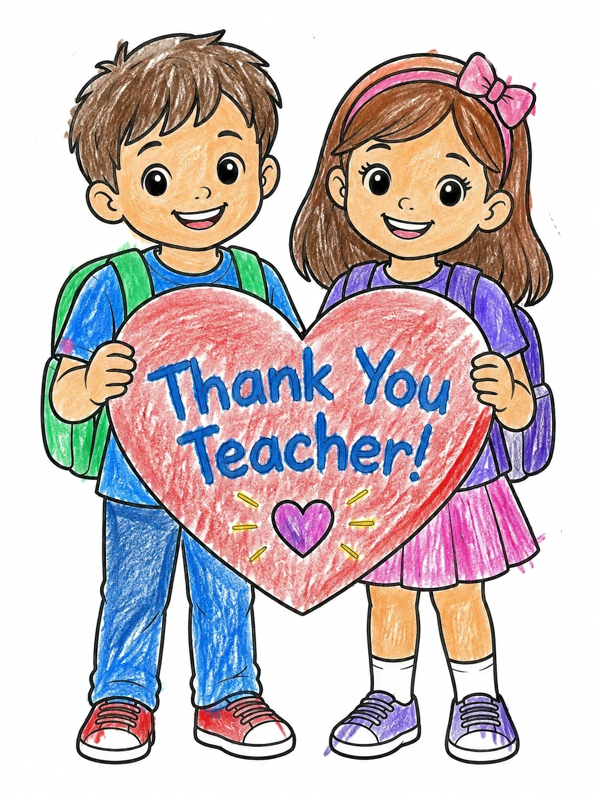 Colored example of the Smiling Students Holding Thank You Sign coloring page