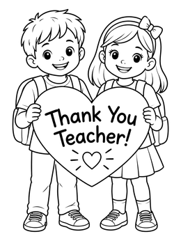 Free printable Smiling Students Holding Thank You Sign coloring page