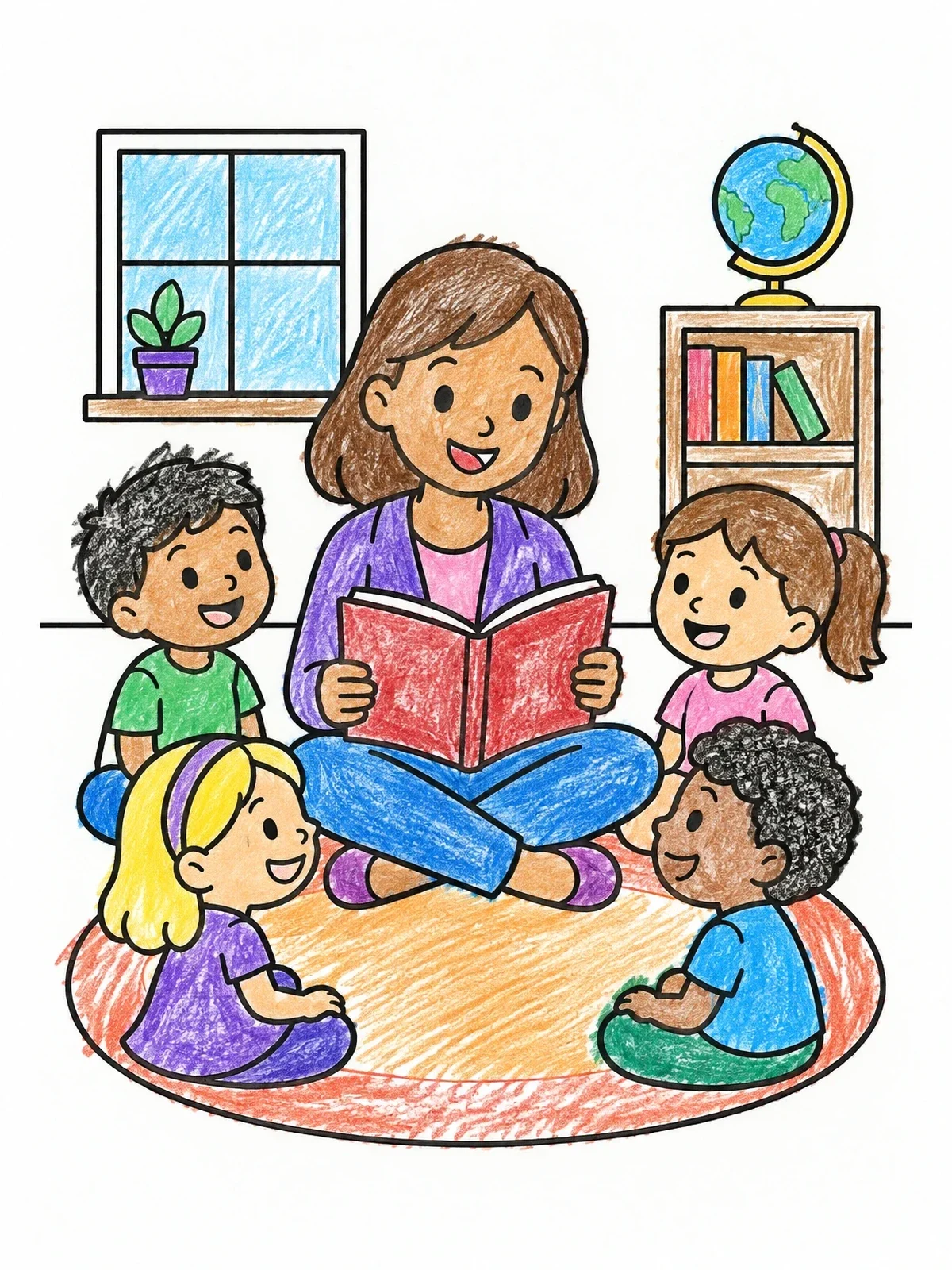 Colored example of the Teacher Reading To Happy Students coloring page